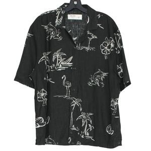 NEW Hollister Mens Shirt Boxy Linen Hawaiian Fish Beach Button Up Black Large